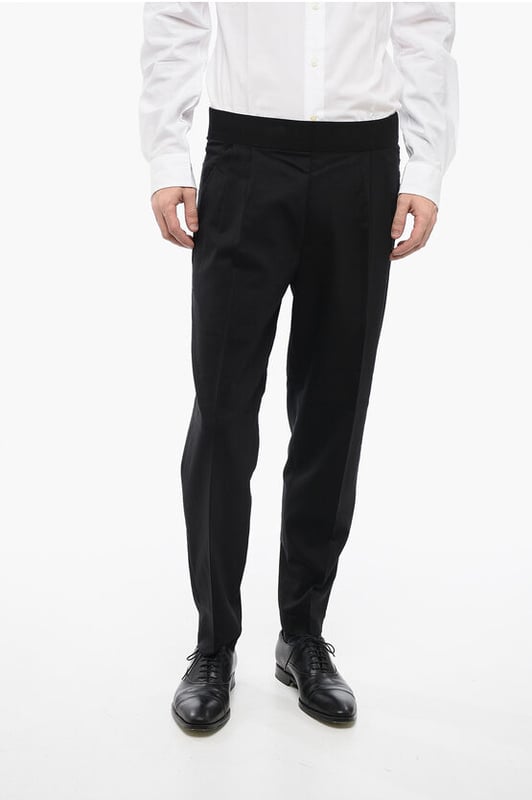 Tapered Fit Virgin Wool Blend Pants with Double Pleat in Black