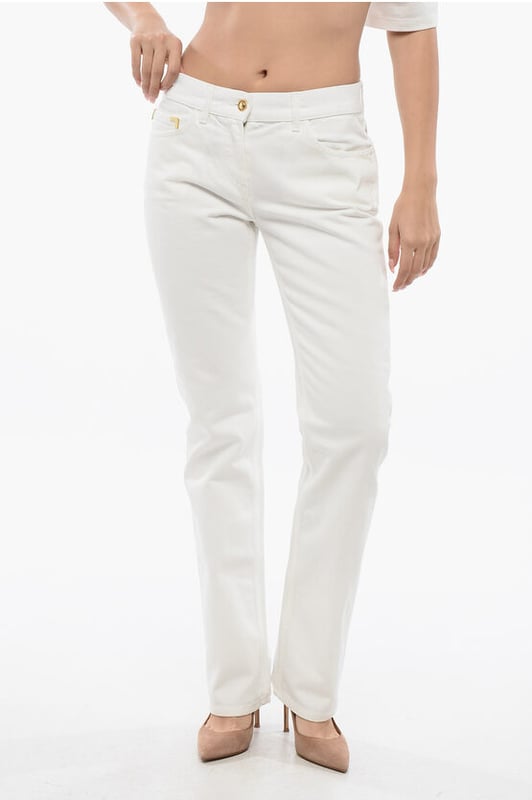 Lente-Zomer, Wit, 5 zakken, Knopen, Denim katoen, Ritssluiting, Riemlussen, Gemaakt in Italië, Casual, Rechte pijpen, Denim Rules