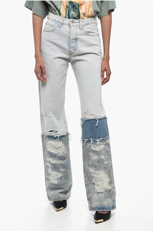 Denim Rules, Lente-Zomer, Lichtblauw, Normale pijp, Gemaakt in Italië, Vintage Effect, Lichte wassing, Gestreepte details, 5 zakken, Contrasterende stiksels, Applicaties, Enkele stukken, Enkelomtrek 24 cm