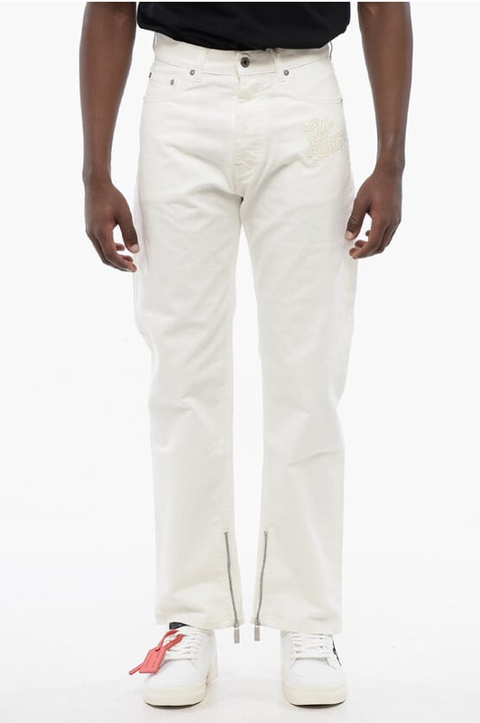 Denim Rules, Lätttvättad, Vit, Stretchdenim, 5 fickor, Denimbomull, Knappar, Logotyp, Broderi, Dragkedja i ankeln, Bälteshällor, Tillverkad i Italien, Vår-Sommar, Ankellängd: 20 cm