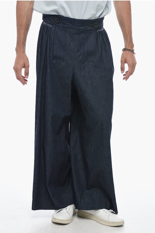 Denim Rules, Primavera-Verano, Azul, Botones, Algodón denim, Hecho en Italia, Casual, Pierna ancha y acampanada, 3 bolsillos, Lavado oscuro, Tobillo 40cm