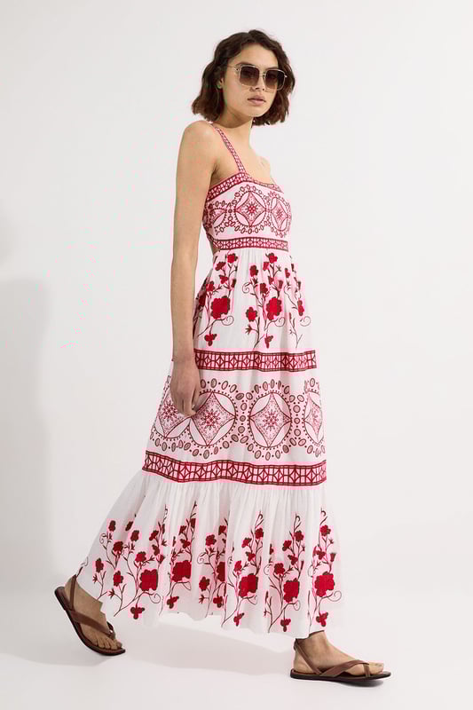 Get summer ready in our midaxi dress, with embroidered floral detailing, a straight neckline that accentuates the bust, a fit and flare silhouette which flatters every silhouette, and a cut out feature in the back. Pair it with strappy sandals for an elevated daytime look, perfect for summer days and holidays. Floral & Geo Embroidered Woven Midaxi High Quality Embroidered Detailing Universally Flattering Fit and Flare Silhouette Straight Neckline Statement Cut Out in Back Dramatic, Long Length Button Fastening in BackDiscover this seasons floral dresses or browse the full collection of women's dresses now.