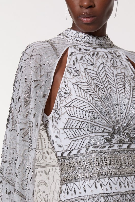 Premium Embellished High Neck Woven Maxi Dress With Cape
