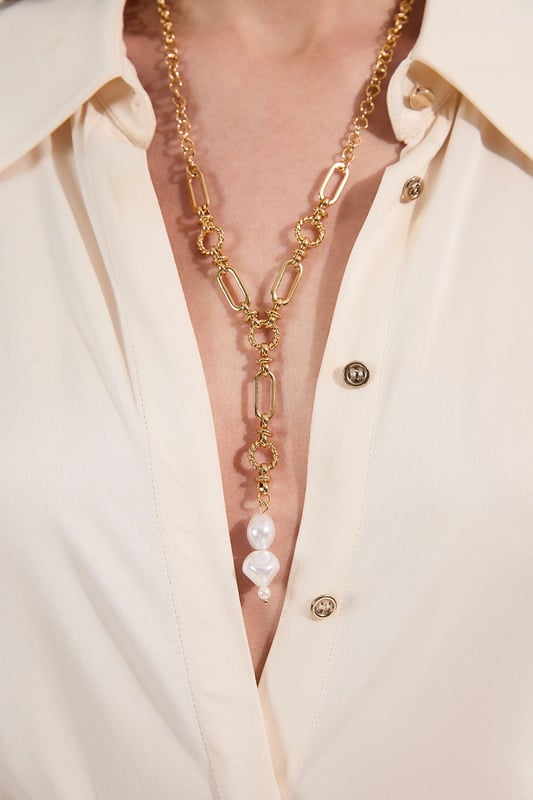 Gold Chain Pearl Drop Detail Statement Necklace