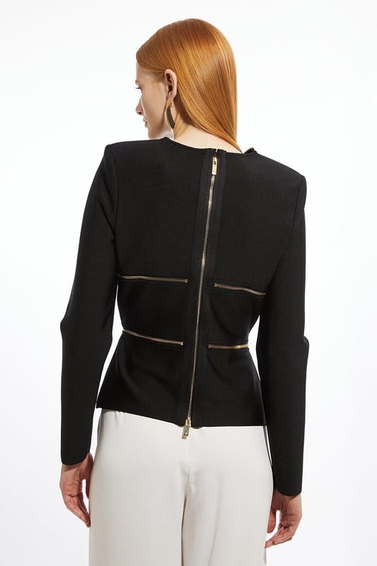 Elevate your top selection with our long sleeve top, with a figure hugging fit, and zip detailing that wraps around the body. This piece pairs well with anything, from matching separates, to tailored trousers, to jeans for an elevated look that will take you seamlessly from day to night. Asymmetric Zip Detail Figure Form Bandage Knit Top High Quality Knit Fabric Unique Zip Design Asymmetric V Neckline Fitted Silhouette Structured Shoulders Zip Back Fastening