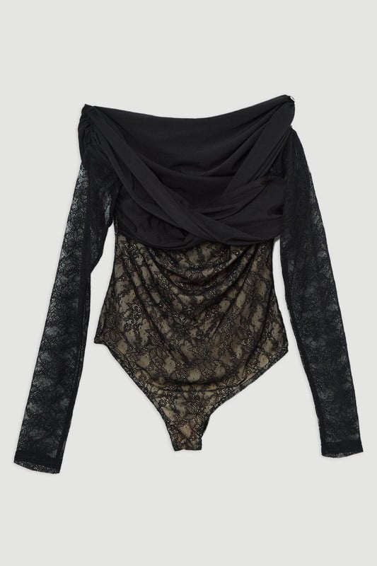 Elevate your occasion wear wardrobe with our bodysuit, with a figure hugging lace bodice and a ruched jersey overlay. The sweetheart, bardot neckline and keyhole back make for an elevated, statement occasion piece that is certain to turn heads. Style it with tailored trousers and strappy heels for an occasion look that is guaranteed to turn heads wherever you step. Lace And Jersey Crepe Bardot Bodysuit Statement Lace Bodice High Quality, Soft Jersey Overlay Figure Hugging Fit Off Shoulder, Bardot Neckline Ruched, Crossed Design Keyhole Back Accent