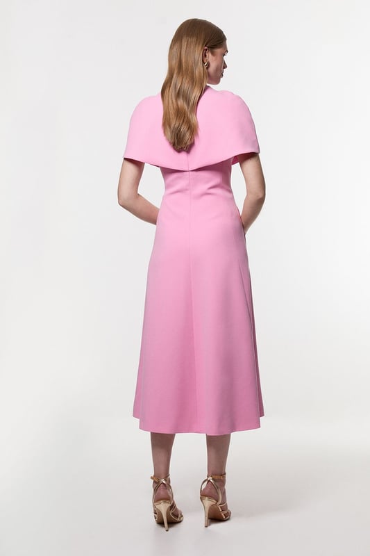 Structured Crepe Cape Detail Full Skirted Tailored Midi Dress