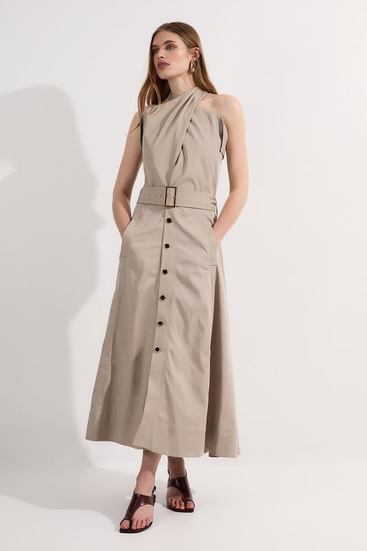 Tailored Polished Cotton Belted Halter Full Skirted Midi Dress