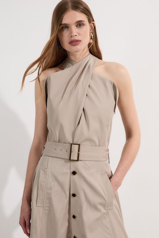 Tailored Polished Cotton Belted Halter Full Skirted Midi Dress