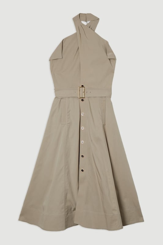 Tailored Polished Cotton Belted Halter Full Skirted Midi Dress