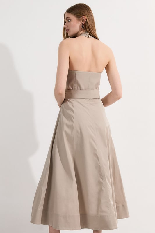 Tailored Polished Cotton Belted Halter Full Skirted Midi Dress