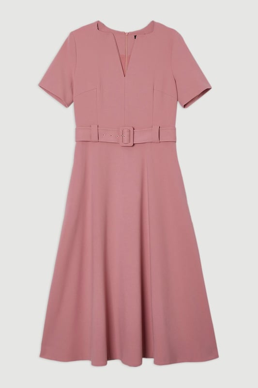 Compact Stretch Belted Full Skirted Midi Dress