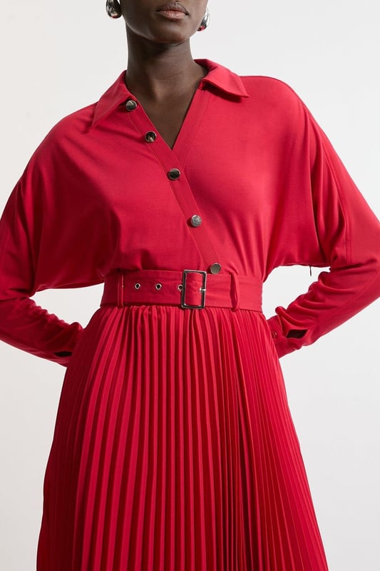Jersey And Georgette Mix Belted Pleat Midi Dress