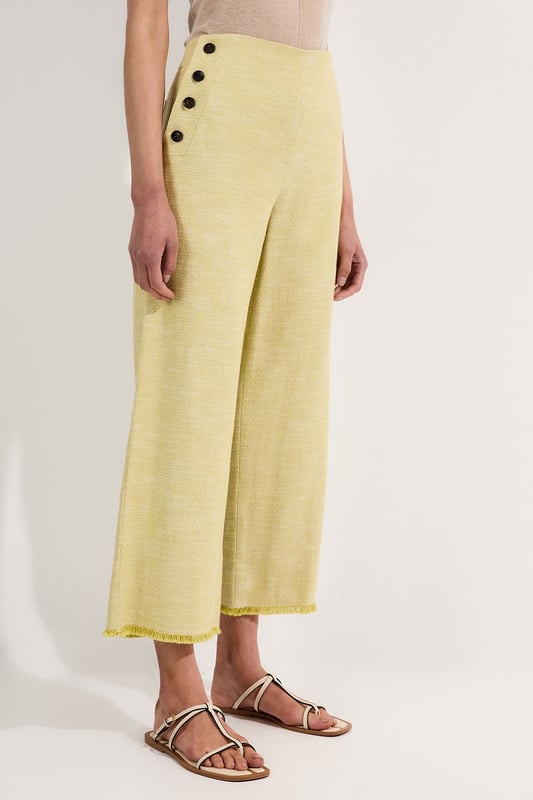 These cropped wide-leg trousers create a modern, relaxed shape while the high waistband defines your silhouette. Style with a fitted tank top for daytime sophistication, or pair with a crisp white shirt for a more structured look. The decorative button detailing adds a distinctive touch that reflects Karen Millen's attention to refined details. Perfect for family brunches, or casual workplace settings, these versatile trousers transition effortlessly from day to evening when paired with a silk blouse and strappy sandals. The neutral tone makes them an excellent foundation piece for your wardrobe, working with both bold and subtle colour palettes throughout the seasons.   Tailored wide leg trousers featuring distinctive button detailing Cropped length design High-waisted silhouette Textured tweed fabric  Matching piece sold separately.
