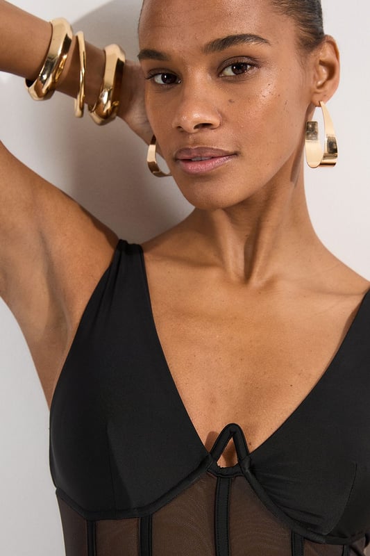 Panelled Mesh Cup Detail Swimsuit