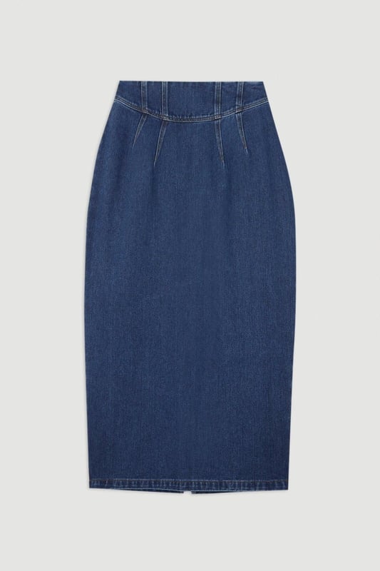 Sculpting the silhouette with a pencil fit, this contemporary maxi skirt is crafted from premium denim. Featuring a corset waist and stitch detail, invest in this skirt for a capsule wardrobe piece.DenimMaxi skirtCorset waistBrowse this seasons denim skirts or discover the full range of skirts now.Matching piece sold separately.