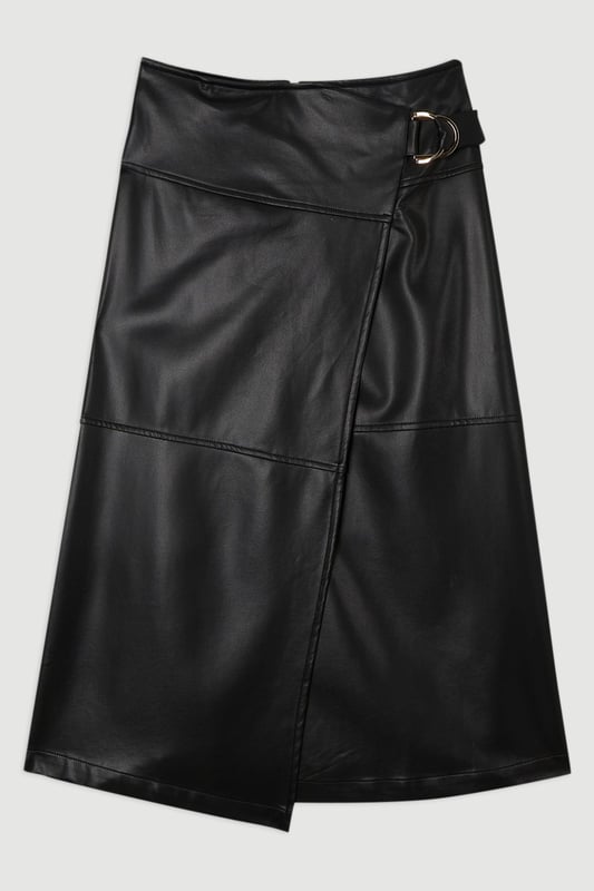 This Karen Millen wrap midi skirt showcases sophisticated urban style with its distinctive tie detail and statement buckle. The asymmetric wrap design creates a flattering silhouette. For family gatherings or brunches with friends, team with a fine knit jumper and trainers for an effortlessly stylish look. The versatile midi length makes this piece ideal for transitional weather, while the faux leather texture adds a contemporary touch to your wardrobe.   Striking wrap design with elegant tie detail Distinctive buckle hardware Midi length Faux leather