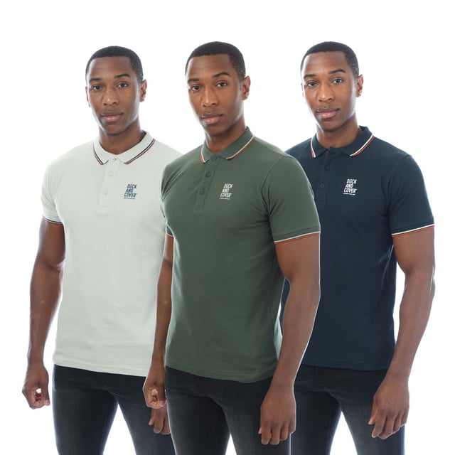 Mens Duck and Cover 3 Pack of Melports Polo Shirts in multi colour.- Turn down collar.- Short sleeves with ribbed cuffs.- Three button placket.- Contrast stripe details.- 3- pack.- 100% Cotton.- Ref: DC2M123565ML