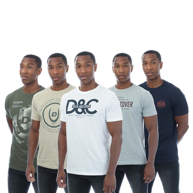 Mens Duck and Cover Cheymore 5 Pack T-Shirts.- Comprises one x beige  grey marl  navy  khaki and white cotton t-shirt.- Ribbed crew neck.- Short sleeves.- Assorted Duck and Cover graphics printed to front.- 100% Cotton.  Machine washable.  - Ref: DC2A123452ASPlease note this style is sold as a set.  Returns will only be accepted if both items are returned together.