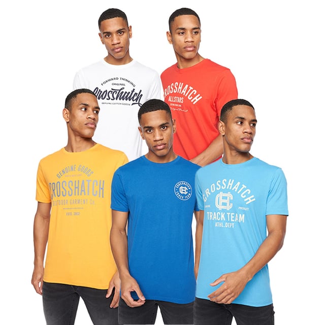 Mens Crosshatch Weymouth 5 Pack T-ShirtsCelebrate the elegance of these five men's cotton tees  tailored for both comfort and refinement. Each tee boasts a seamlessly integrated inner back neck tape and showcases a distinguished graphic print on the chest  embodying a fusion of timeless style and relaxed sophistication.- Ribbed crew neck- Short sleeves- 100% Cotton.  Machine washable.- Ref: CH2A123006ASSTK