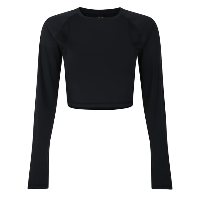 Round neck and long raglan sleeves with thumb holes.Back cut out detail  bodycon coverstitching.Tonal Pro Training logo.Mesh underarm ventilation panels.Midriff cropped top in stretch single jersey.