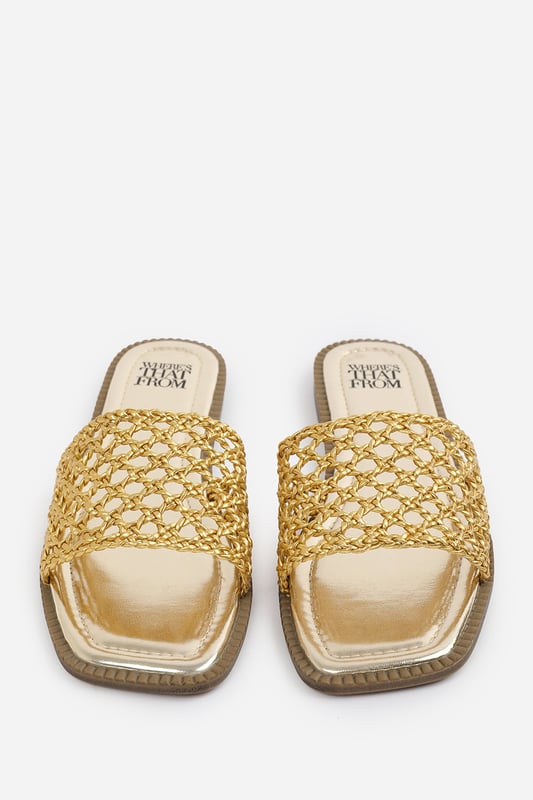 Wheres That From Womens 'Lottie' Women Strap Flat Sandals Step into summer style with the Lottie Woven Strap Flat Sandals, crafted for both comfort and statement appeal. Featuring a metallic footbed and intricately braided upper, these sandals add a touch of luxe to any warm-weather look. Perfect for holidays, brunches, or day-to-night outfits. The open-toe, easy slip-on design makes them your go-to for effortless elegance. Key Features: • Material: Metallic faux leather with woven braided strap • Durability: Sturdy sole with cushioned footbed for all-day wear • Closure: Slip-on style for easy on and off convenience • Detail: Handcrafted-look open weave strap over a square toe base