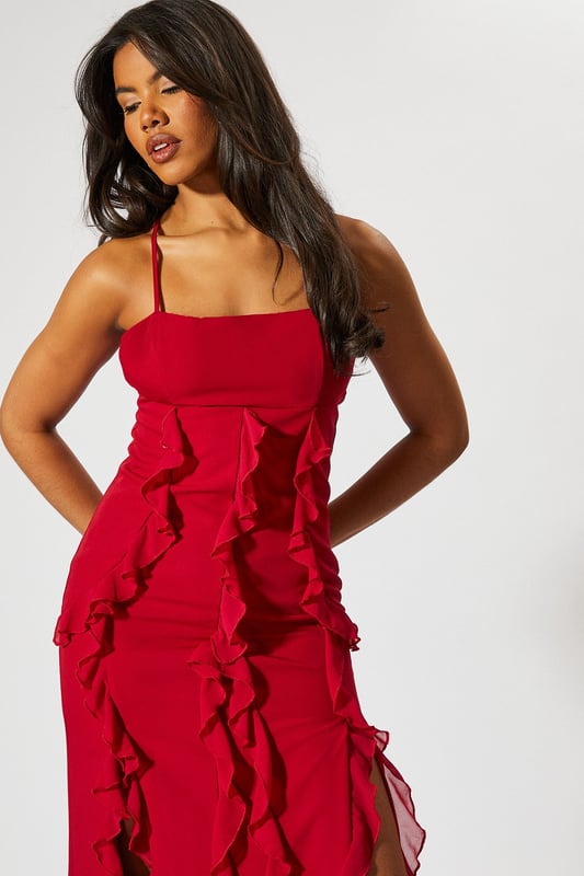 Square Neck Frill Low Back Maxi Dress