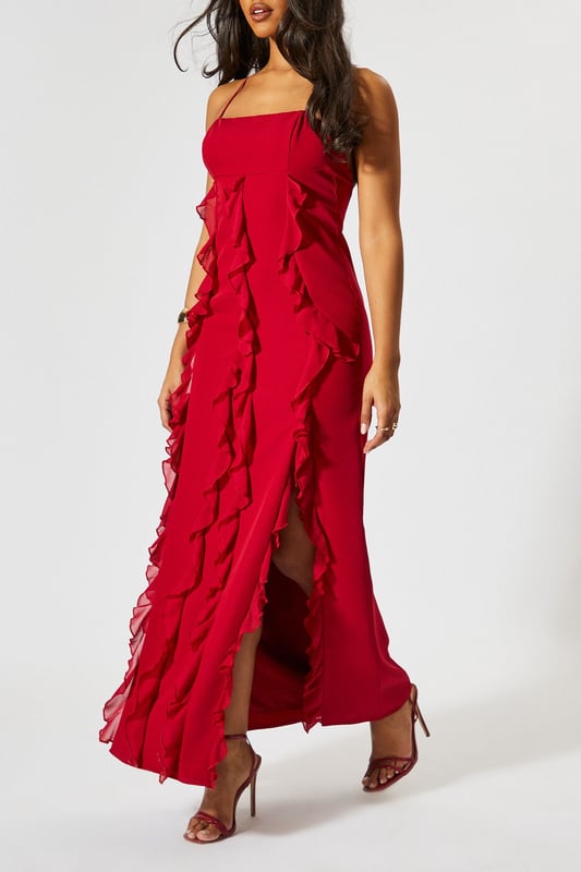 Square Neck Frill Low Back Maxi Dress