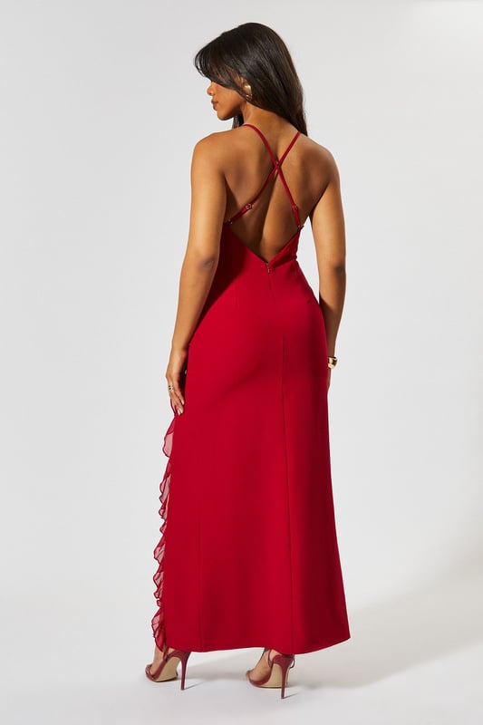 Square Neck Frill Low Back Maxi Dress