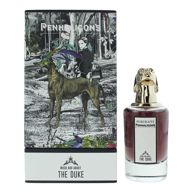 Much Ado About The Duke by Penhaligon’s is a Leather fragrance for men. Launched in 2016, this fragrance is versatile and refined, suitable for wear throughout all seasons and perfect for both day and night occasions. It presents a charismatic and daring character, blending floral elegance with spicy and leathery depth to create a scent that is both distinguished and unapologetically bold.  The composition opens with a spirited note of gin, introducing a crisp and invigorating start. This freshness is swiftly entwined with a bold hint of pepper, adding an unexpected warmth and intrigue. At its core, a refined rose lends a suave, slightly romantic edge—subtle yet undeniably present. As the fragrance settles, the richness of leather emerges, supported by grounding woody notes that deliver strength, sensuality, and longevity.  Ideal for those who favor a confident and enigmatic scent with a balance of softness and masculinity, Much Ado About The Duke captures the essence of a modern gentleman with a rebellious twist. Housed in a classic sleek bottle, it reflects the noble yet mischievous nature of the fragrance within.  
Notes: Rose, Pepper, Gin, Woody Notes, Leather.  
How to Apply
For best results, apply the fragrance to your body's warmest points-such as your wrists, neck, and the creases of your elbows-where the heat helps to enhance and prolong the scent.
Avoid rubbing the fragrance into your skin after application, as this can diminish its longevity.
If applying to your wrists, reapply after washing your hands to maintain the fragrance throughout the day.
