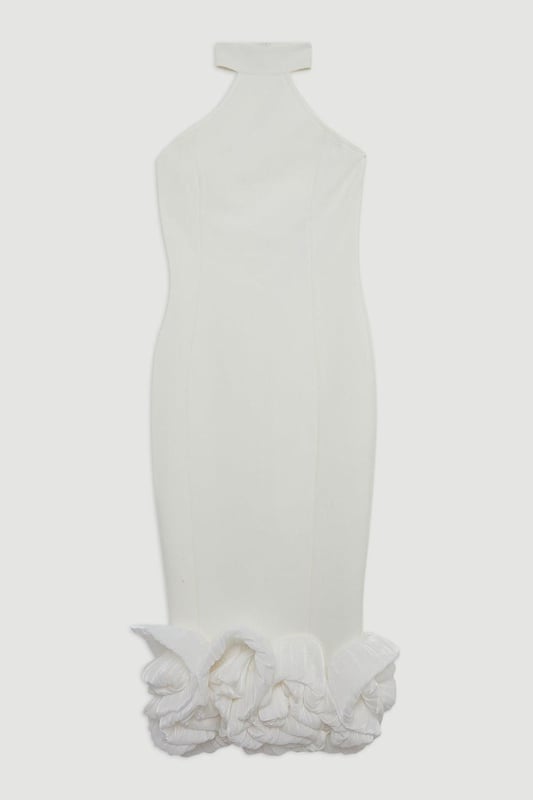 Figure Form Bandage Ruffle Hem Halter Knit Midi Dress