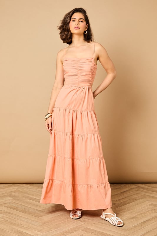 Plain Gathered Bust Tie Back Maxi Dress