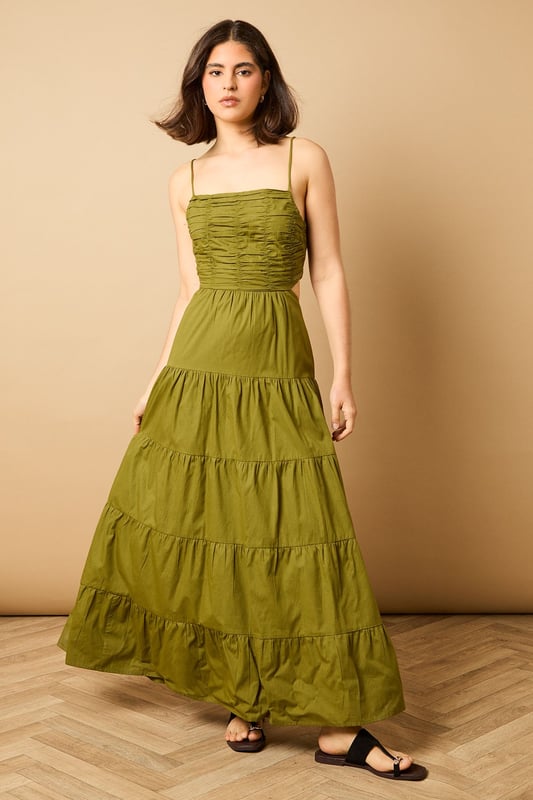 Plain Gathered Bust Tie Back Maxi Dress