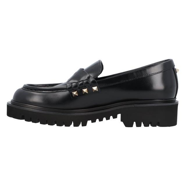 - Rockstud moccasin in calf leather by Valentino Garavani with a rubber lug sole
- Valentino Garavani logo embossed on the tongue and a platinum-plated finish 
- Heel height: 4 cm
- Toe shape: Round toe
- Heel type: Mid heel
- 100% Calf Leather
- Made in Italy Measurments:  height: 40 mm