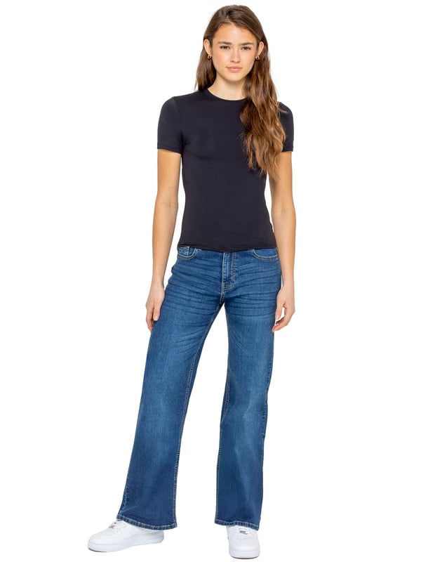 Embrace effortless style and comfort with the Enzo Women's Wide Leg Jeans. Designed with a flattering high-rise waist and a regular fit, these jeans offer a timeless silhouette that complements any look. Crafted from stretch fabric, they provide flexibility and ease of movement throughout your day. The classic 5-pocket design adds practicality, while the zip fly fastening ensures a secure fit.