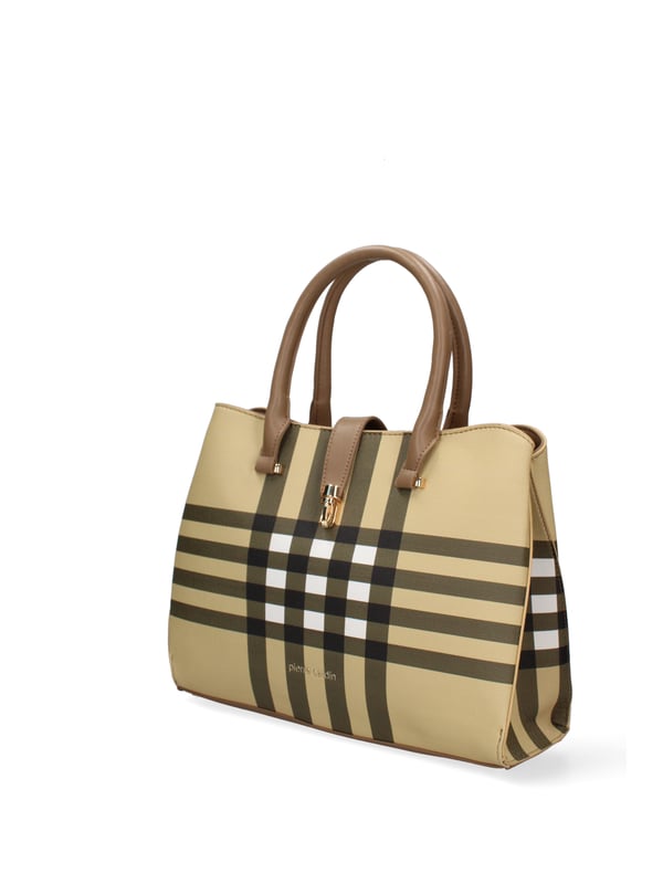 Dameshandtas met ritssluiting. één met ritssluiting en één open binnenzak. afwezige externe zakken. ontbrekende schouderband. In PU-handvat. een binnencompartiment.  extern materiaal. 100% polyester binnenkant. Afmetingen: 33x23x10 cm. Modeproduct