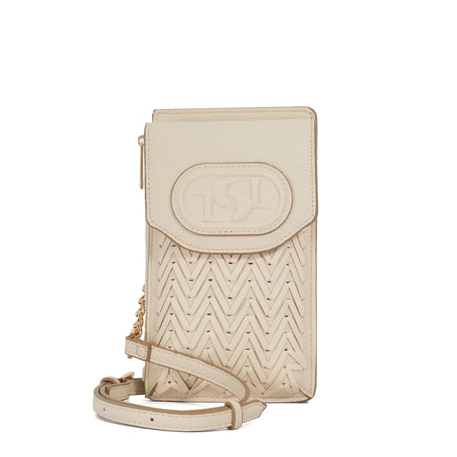 Fitted with a front compartment to slip your smartphone into and an extra side zipped pocket for your keys and a back pocket for your cards, this slimline pouch is suspended from a part chain detail cross-body strap. The front features our embossed logo.