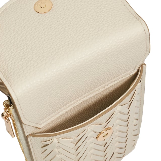 Fitted with a front compartment to slip your smartphone into and an extra side zipped pocket for your keys and a back pocket for your cards, this slimline pouch is suspended from a part chain detail cross-body strap. The front features our embossed logo.