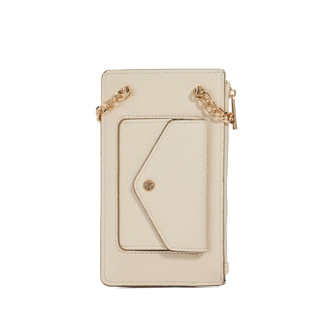 Fitted with a front compartment to slip your smartphone into and an extra side zipped pocket for your keys and a back pocket for your cards, this slimline pouch is suspended from a part chain detail cross-body strap. The front features our embossed logo.