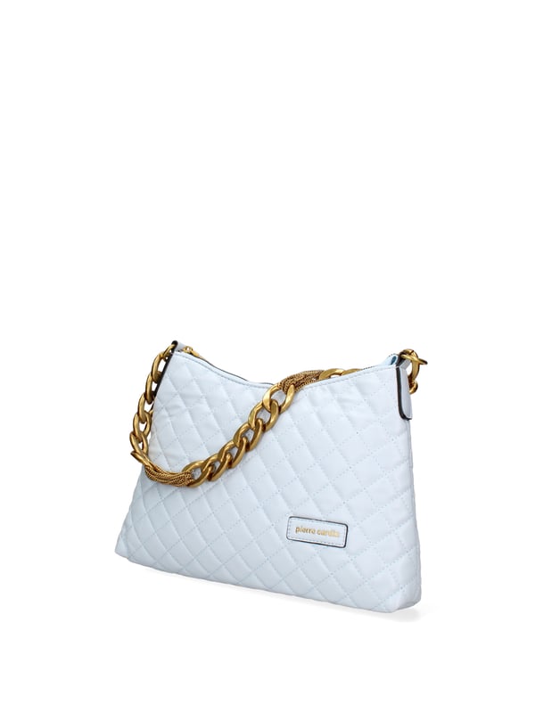 Bolso bandolera para mujer. El cierre es con cremallera. Los bolsillos internos son uno con cremallera y otro abierto. Los bolsillos externos están ausentes. La bandolera es de cadena. Falta el mango. Hay un compartimento interno. El material externo es 100%PU. Internamente es 100% Poliéster. Medidas: 31x21x5 cm. Producto de moda