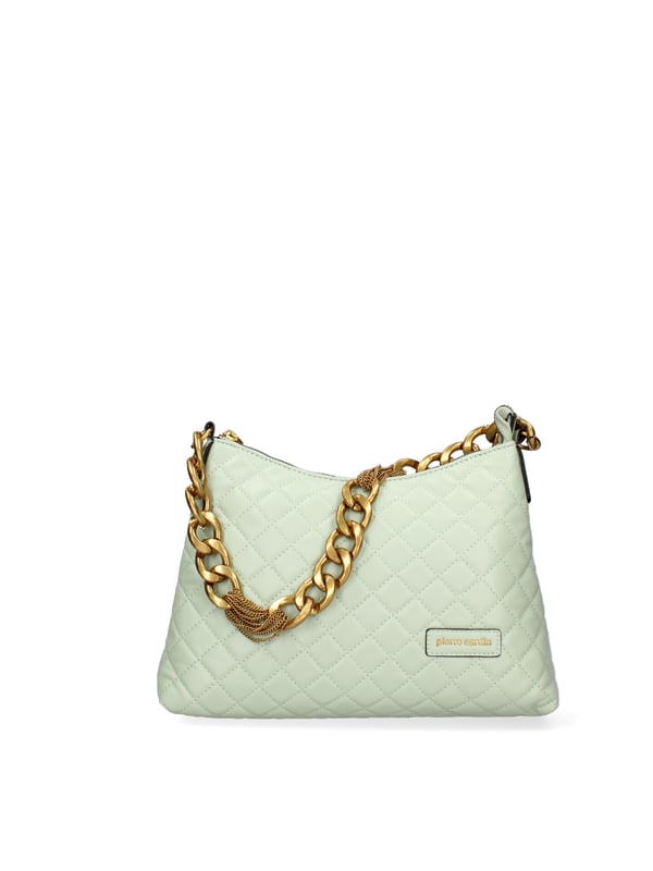 Bolso bandolera para mujer. El cierre es con cremallera. Los bolsillos internos son uno con cremallera y otro abierto. Los bolsillos externos están ausentes. La bandolera es de cadena. Falta el mango. Hay un compartimento interno. El material externo es 100%PU. Internamente es 100% Poliéster. Medidas: 31x21x5 cm. Producto de moda