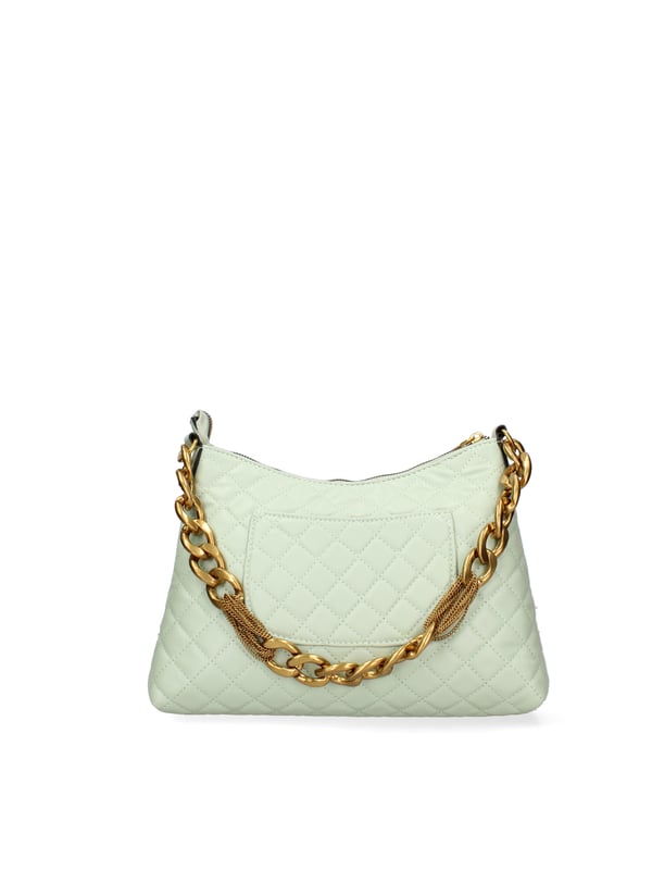 Bolso bandolera para mujer. El cierre es con cremallera. Los bolsillos internos son uno con cremallera y otro abierto. Los bolsillos externos están ausentes. La bandolera es de cadena. Falta el mango. Hay un compartimento interno. El material externo es 100%PU. Internamente es 100% Poliéster. Medidas: 31x21x5 cm. Producto de moda