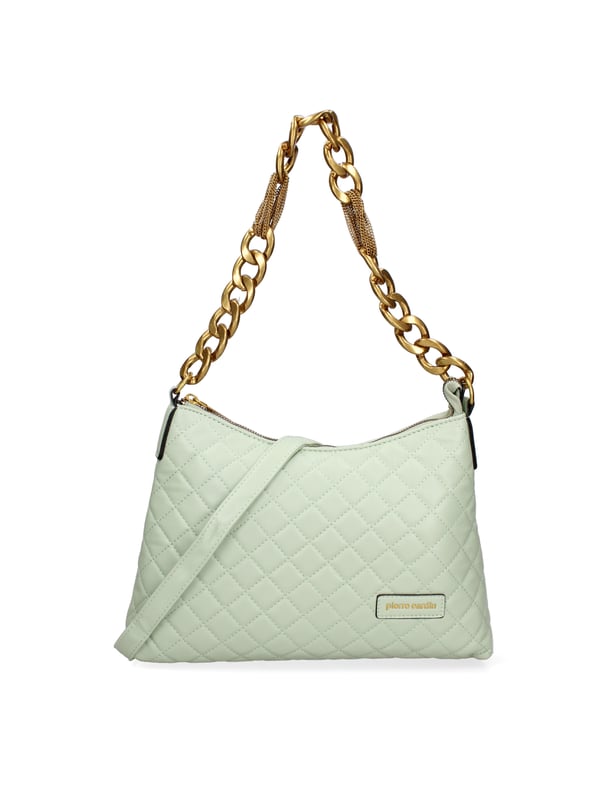 Bolso bandolera para mujer. El cierre es con cremallera. Los bolsillos internos son uno con cremallera y otro abierto. Los bolsillos externos están ausentes. La bandolera es de cadena. Falta el mango. Hay un compartimento interno. El material externo es 100%PU. Internamente es 100% Poliéster. Medidas: 31x21x5 cm. Producto de moda