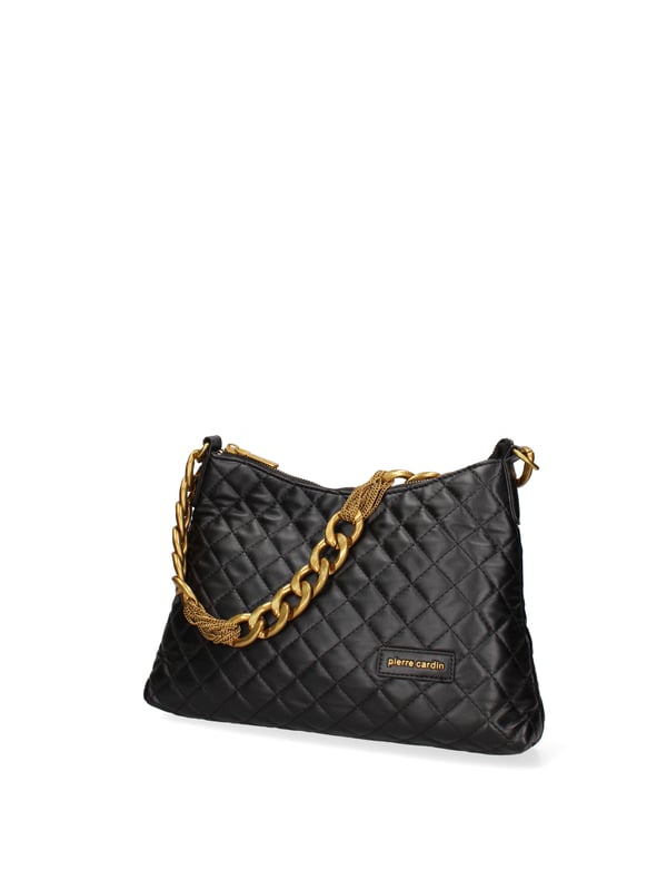 Bolso bandolera para mujer. El cierre es con cremallera. Los bolsillos internos son uno con cremallera y otro abierto. Los bolsillos externos están ausentes. La bandolera es de cadena. Falta el mango. Hay un compartimento interno. El material externo es 100%PU. Internamente es 100% Poliéster. Medidas: 31x21x5 cm. Producto de moda