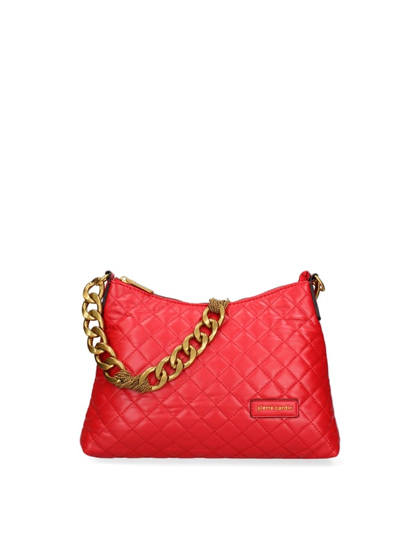 Bolso bandolera para mujer. El cierre es con cremallera. Los bolsillos internos son uno con cremallera y otro abierto. Los bolsillos externos están ausentes. La bandolera es de cadena. Falta el mango. Hay un compartimento interno. El material externo es 100%PU. Internamente es 100% Poliéster. Medidas: 31x21x5 cm. Producto de moda
