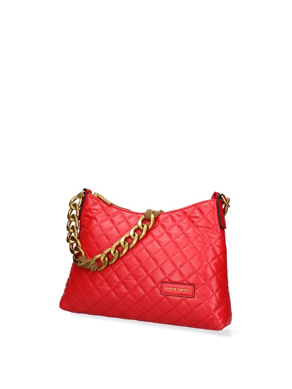 Bolso bandolera para mujer. El cierre es con cremallera. Los bolsillos internos son uno con cremallera y otro abierto. Los bolsillos externos están ausentes. La bandolera es de cadena. Falta el mango. Hay un compartimento interno. El material externo es 100%PU. Internamente es 100% Poliéster. Medidas: 31x21x5 cm. Producto de moda