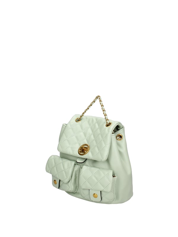 Mochila de mujer. El cierre es con cierre de giro. Los bolsillos internos son uno con cremallera. Los bolsillos externos son dos bolsillos delanteros con cierres giratorios. La bandolera es de cadena. El mango es de cadena. Hay un compartimento interno. El material externo es 100%PU. Internamente es 100% Poliéster. Medidas: 20x21x12 cm. Producto de moda