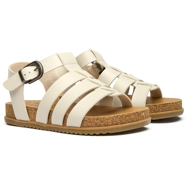 Witte Blowfish Fillip sandalen voor dames, gemaakt van synthetisch materiaal en een rubberen zool. Voorzien van: Blowfish-merk, kurken zool, verstelbare gesp en veganistisch.
