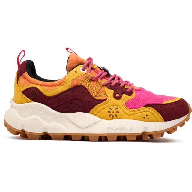 Add some pep to your sporty looks with these unmissable, unusual trainers Yamano 3 from Flower Mountain. The running-style sneaker has a super soft suede and nylon upper and a funky, chunky sole. The intricate stitching, beautiful multicolour design and woven details make for a snug fit and fabulous, unique look.