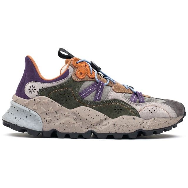 Step up your sporty looks with these unmissable, unusual trainers Tiger Hill from Flower Mountain. The running-style sneaker has a super soft, fast design, suede and nylon upper and a funky, chunky sole with a cork antibacterial insole. The intricate stitching, beautiful multicolour design and woven details make for a snug fit and fabulous, unique look.